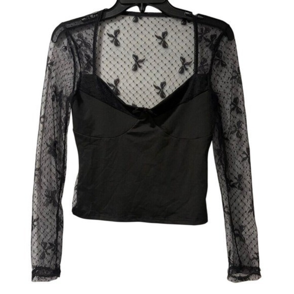 Black Sheer Lace Mesh Top Womens M Y2K Mall Goth Coquette Going Out